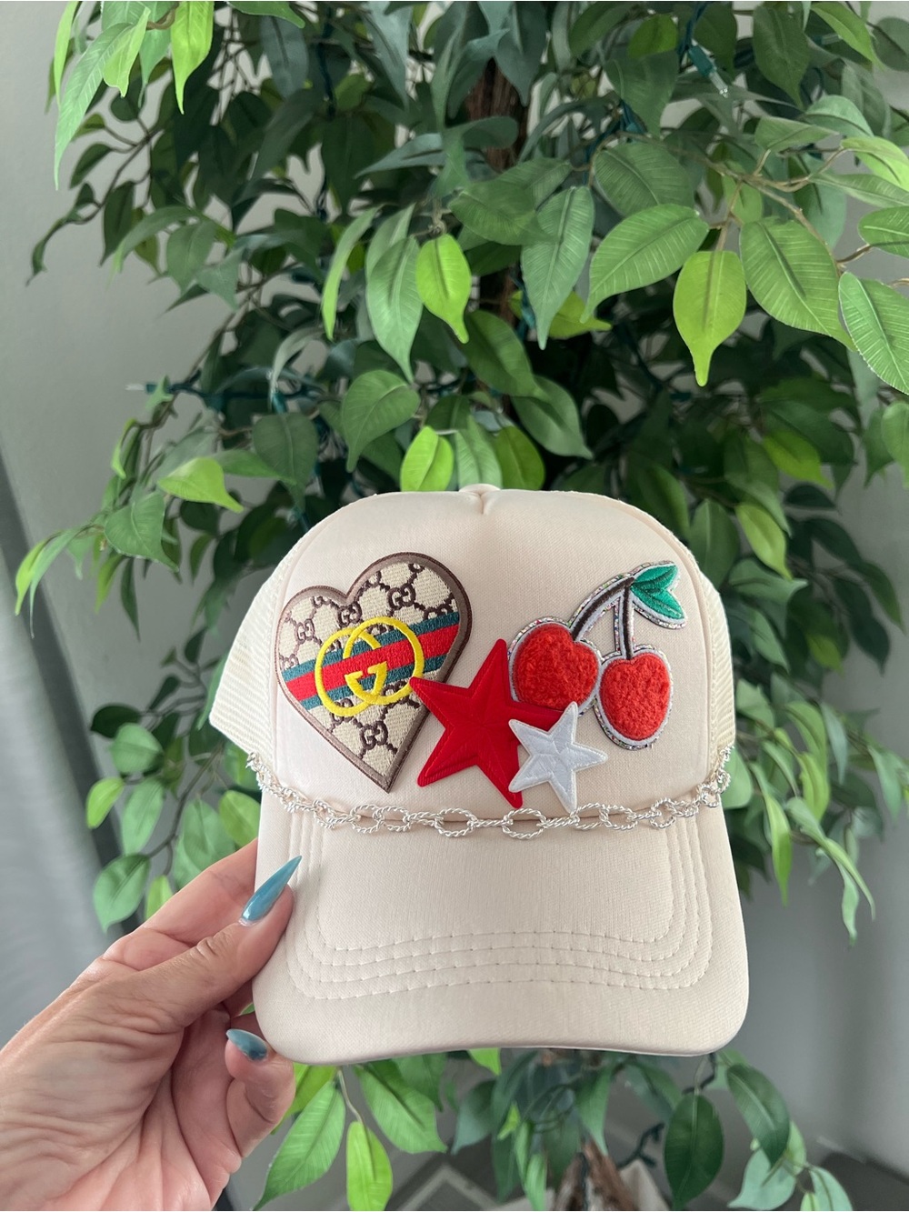 Cream Patch Cap with Cute Embellishments
